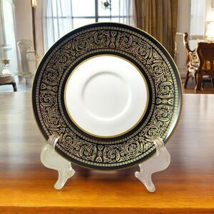MIKASA Mount Holyoke 6 1/4" Saucer Bone China Black Gold Scrolls 1970's 1980's